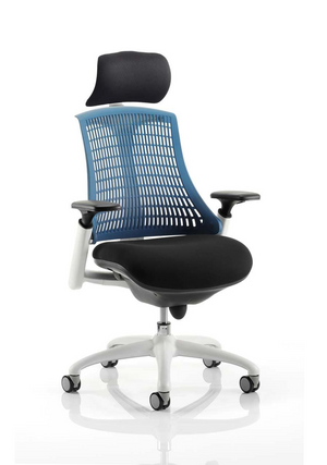 Flex Task Operator Chair White Frame Black Fabric Seat With Blue Back With Arms With Headrest Image 2