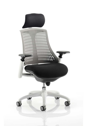 Flex Task Operator Chair White Frame Black Fabric Seat With Grey Back With Arms With Headrest Image 2