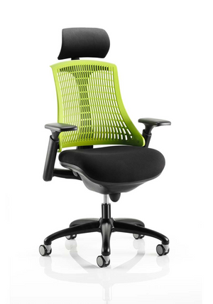 Flex Task Operator Chair Black Frame With Black Fabric Seat Green Back With Arms With Headrest Image 2