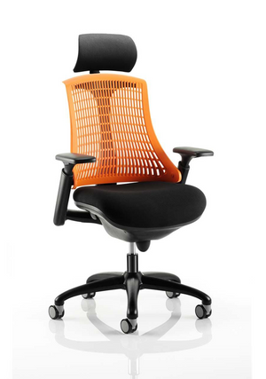 Flex Task Operator Chair Black Frame With Black Fabric Seat Orange Back With Arms With Headrest Image 2