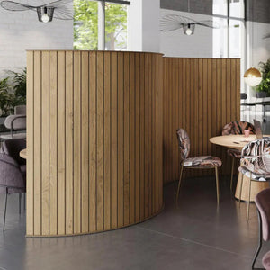 Ezoboard Kayra Soundproof Office Divider In Wooden Finish With Hanging Lights Andmultiple Colored Chair