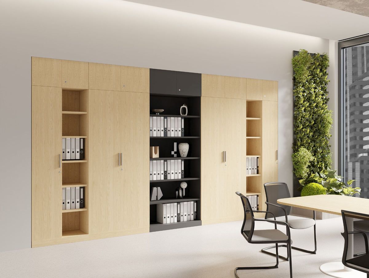 Key 6 Level Tall Storage with Open Alcove in Birch Finish with Vela Sled Base Chair in Meeting Room Setting