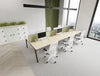 Key 6 Person Bench Desk with Light Straight Desk Screen and Galen Ergonomic Office Chair and Uno Lockers with Planters in Modern Office Setting