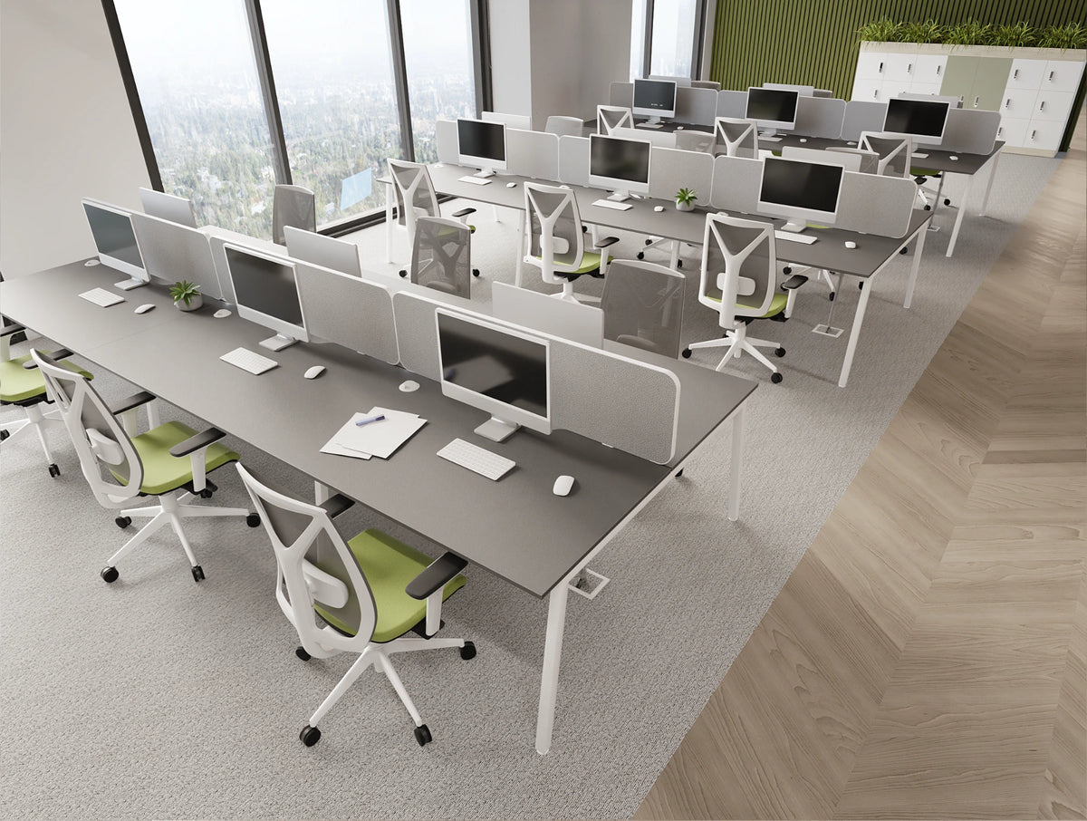 Key Bench Desks with Light Desk Screens in Light Grey Finish with Galen Office Chairs and Uno Lockers with Planters in Modern Office Setting 2