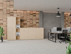 Key Cupboards and Bookcase with Aria Ergonomic Chair and Light Straight Desk Screen Attached in Key Bench Desk in Modern Office Setting