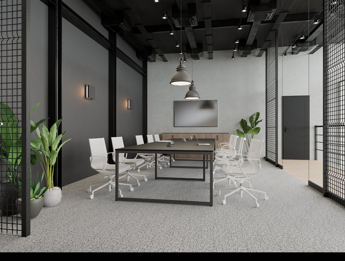 Key Meeting Table with Straight Legs in Black with White Gravity Meeting Room Chair with Arms in Meeting Area Setting
