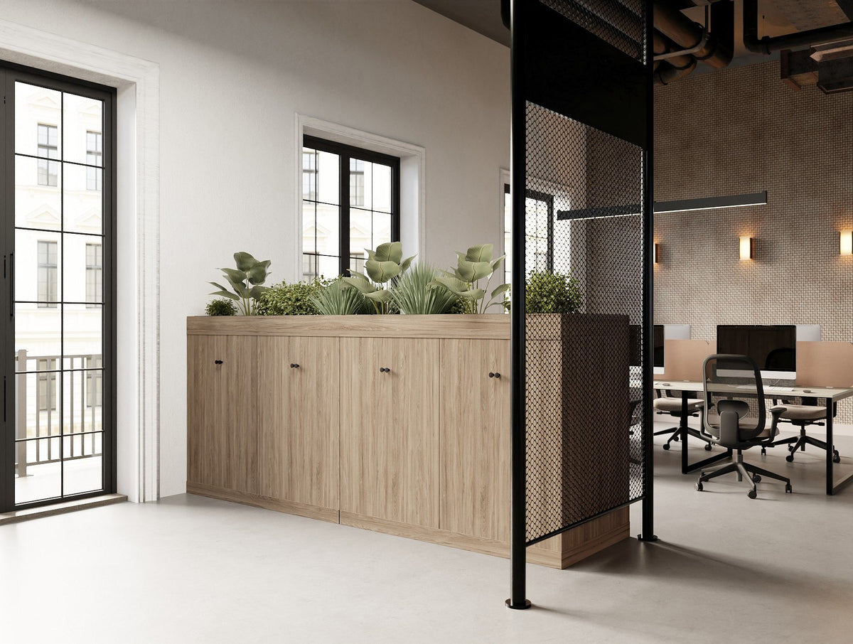 Key Modular 8 Door Back 2 Back Wooden Cupboard with Decora Modular Zoning System and Contour Ergonomic Chair and Key Bench Desk and Light Straight Desk Screen in Modern Office Setting