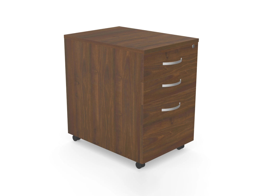 Kito Wooden 3 Drawer Mobile High Lockable Pedestal In Walnut And Silver Drawer Handle Finish