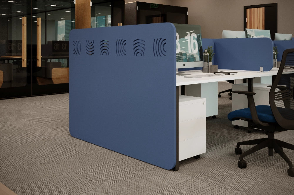 Koala Acoustic Bench Screen in Blue with White Top Table and Black Mesh Back Chair