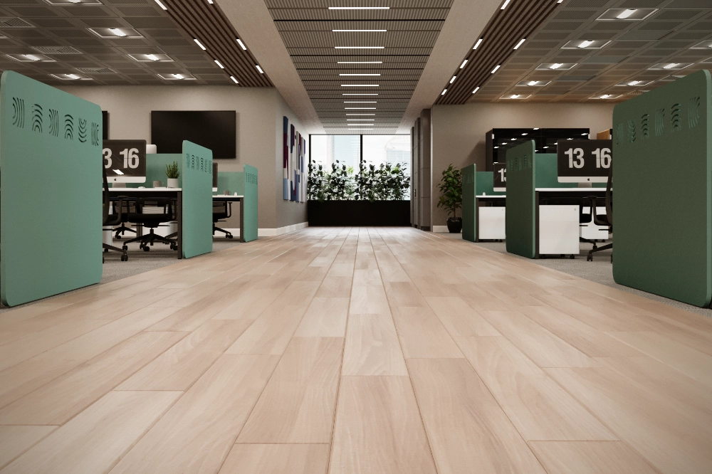 Koala Acoustic Bench Screen in Dark Green in Office Settings