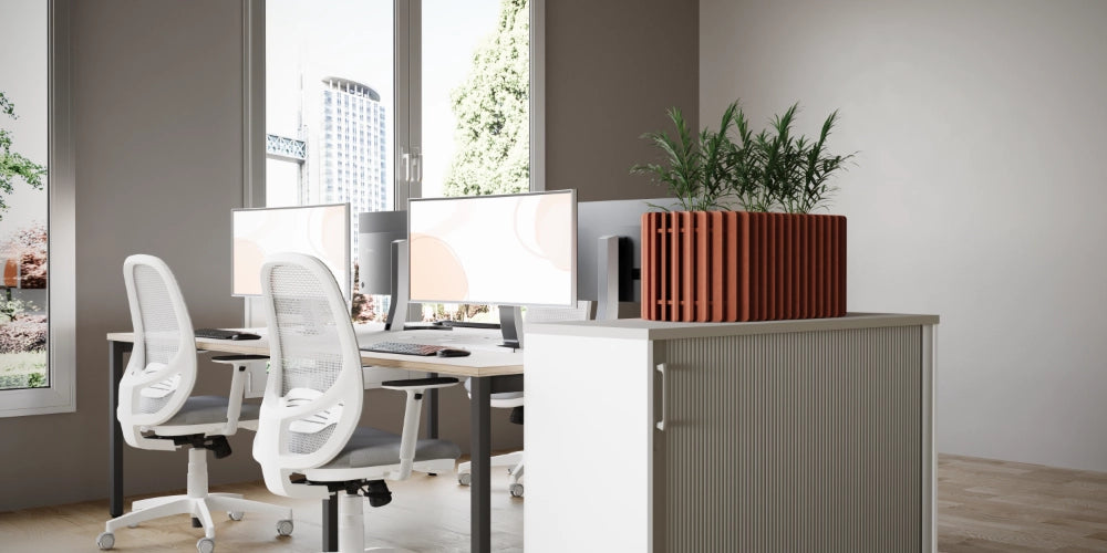 Koala Acoustic Counter Planter in Terracotta Finish with White Mesh Back Chair and White Tambour Cupboard in Modern Office Setting