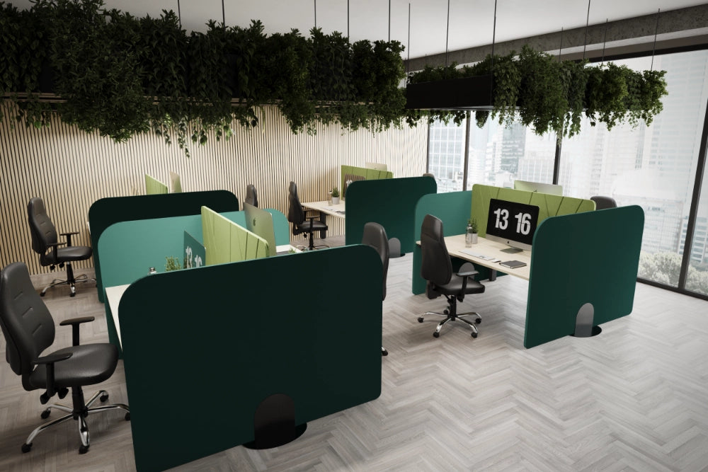 Koala Bench Freestanding Screen in Dark Green Finish with Black Armchair and White Bench Desk with Green Desk Screen in Modern Office Setting
