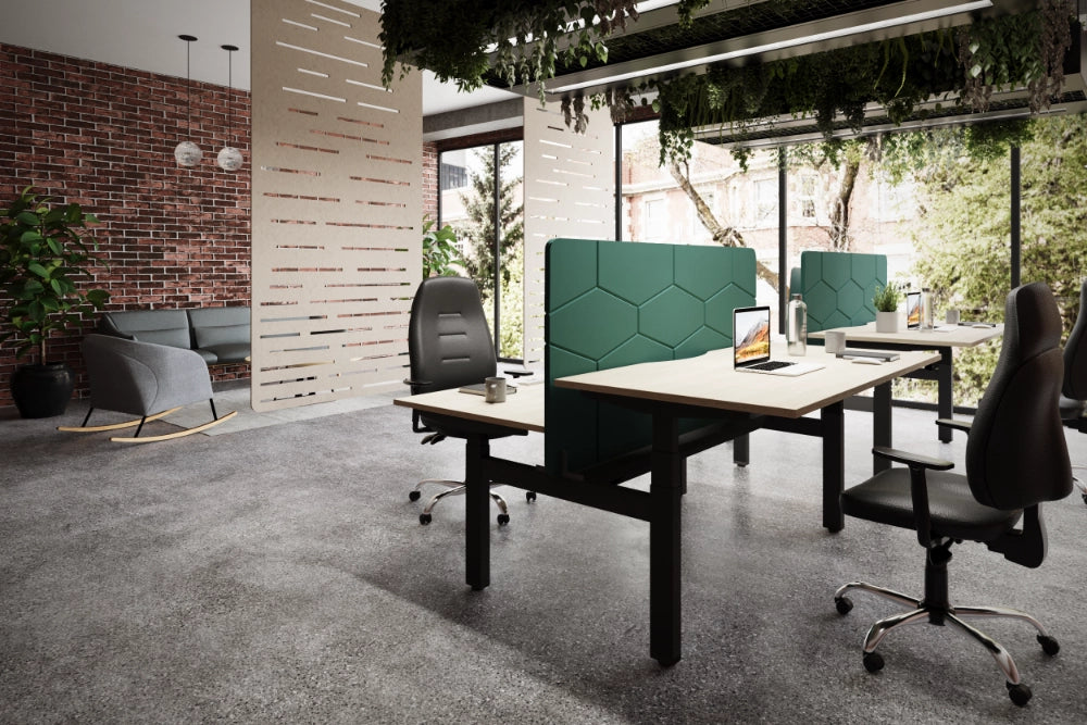 Koala Leap Bench Screen in Dark Green Finish Attached to Sit Stand Bench Desk with Black Office Armchair and Grey Rocking Chair in Modern Office Settings