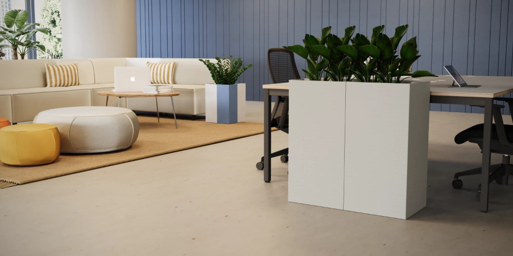 Koala Square Acoustic Planter in Light Grey Finish with Rectangular Bench Desk and Mesh Back Office Chair in Modern Office Setting