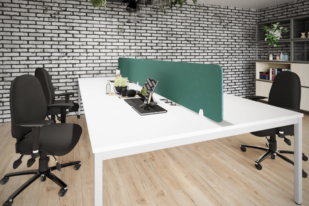 Koala  Acoustic PET Plain Screen in Green Finish with White Top Bench Desk and Black Armchair in Modern Office Setting