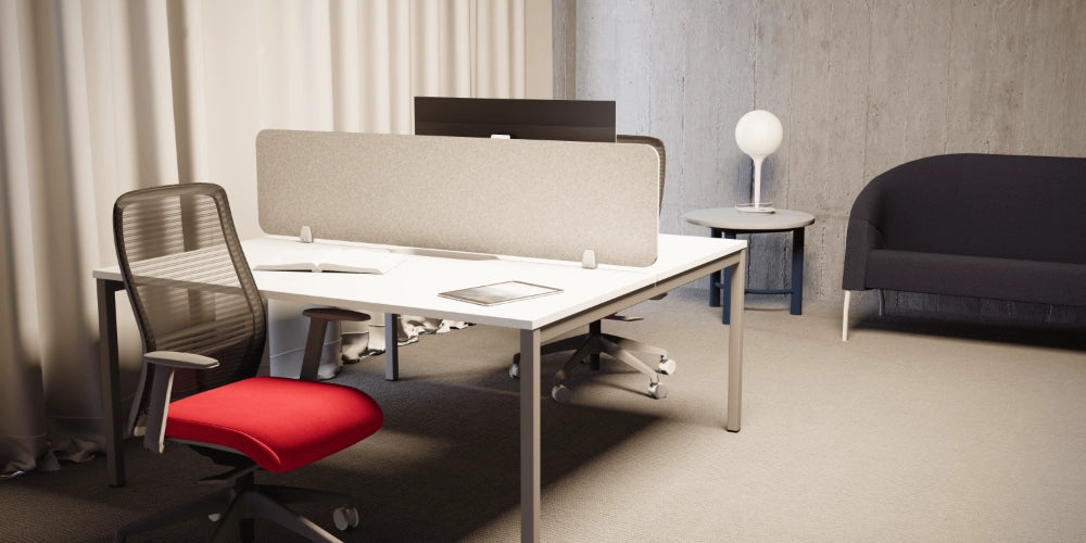 Koala  Acoustic PET Plain Screen in Light Grey Finish with White Yop Bench Desk in Modern Office Setting