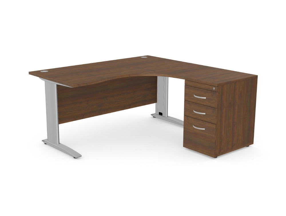 Komo Radial Desk With Pedestal And Cable Managed Legs In Wanut And Silver Finish