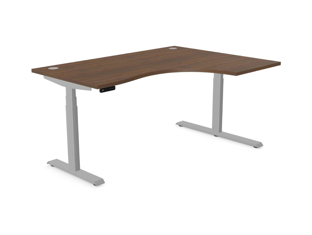 Leap Radial Electric Height Adjustable Sit Stand Desk In Dark Walnut And Silver Finish