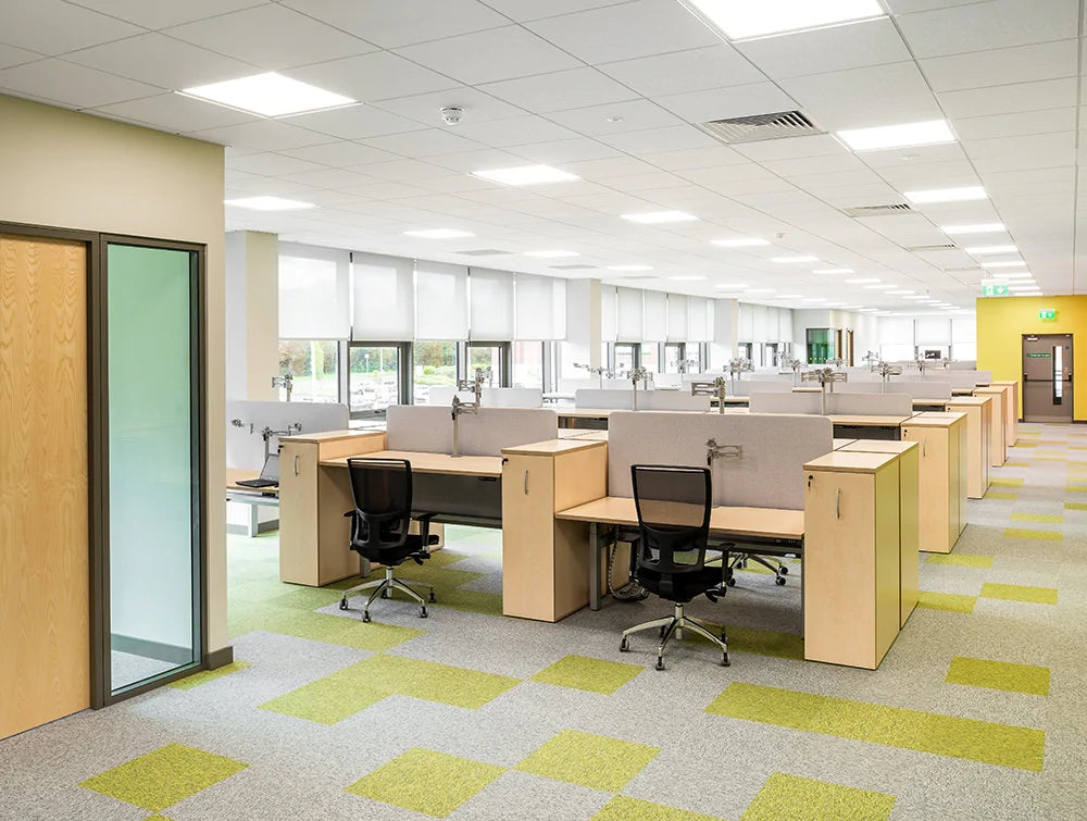 Leap Sitstand Desks With Ergonomic Monitor Arms And Oz Mesh Office Chairs And Acoustic Desk Screens
