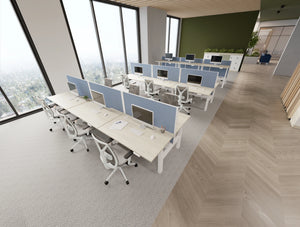 Levo Bench Desks with Join Desk Screens in Light Blue Finish and Galen Meeting Room Chairs and Uno Lockers in Modern Office Setting 2.png