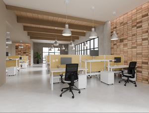Levo Bench Sit Stand Desk in White Finish with Key 3 Drawer Slimline Pedestal and Aria Ergonomic Chair and Join Desk Screen in Modern Office Setting