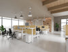 Levo Bench White Sit Stand Desk with Key 3 Drawer White Pedestal and Aria Ergonomic Chair and Join Desk Screen in Modern Office Setting