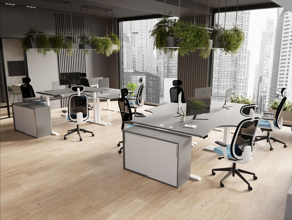 Levo Sit Stand Desks in Grey and White Finish with Contour Ergonomic Chair and Key Side Storage in Modern Office Setting