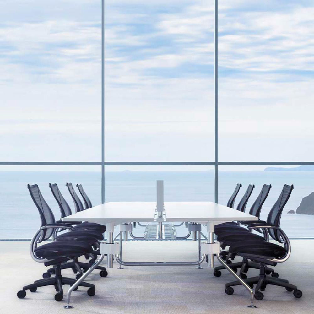 Liberty Ocean Ergonomic Office Armchair In Black Finish With White Straight Desk In Meeting Room Setting