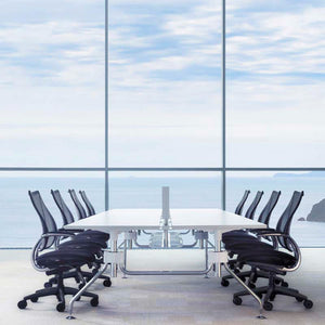 Liberty Ocean Ergonomic Office Armchair in Black Finish with White Straight Desk in Meeting Room Setting