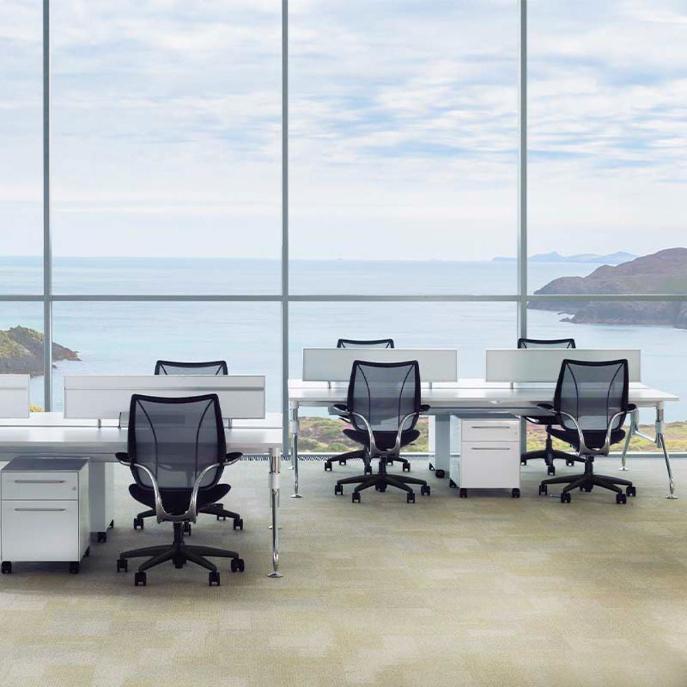 Liberty Ocean Ergonomic Office Armchair with Mobile Cupboard and Straight Table in Office Setting