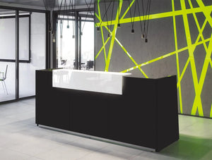 Libra Premium Black High Gloss Office Reception Desk Unit With Icy White Acrylux Finish Riser In Modern Office