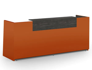 Libra Premium High Gloss Office Reception Counter Unit In Acrylux Orange With Wooden Carbon Walnut Finish Riser