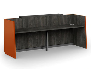 Libra Premium High Gloss Office Reception Counter Unit In Acrylux Orange With Wooden Carbon Walnut Finish For Inner Elements