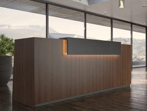 Libra Wooden Office Reception Desk Unit In Dark Walnut With Schwarz Black Riser In Modern Green Office
