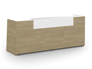 Libra Wooden Reception Counter In Urban Oak For Office With White Riser