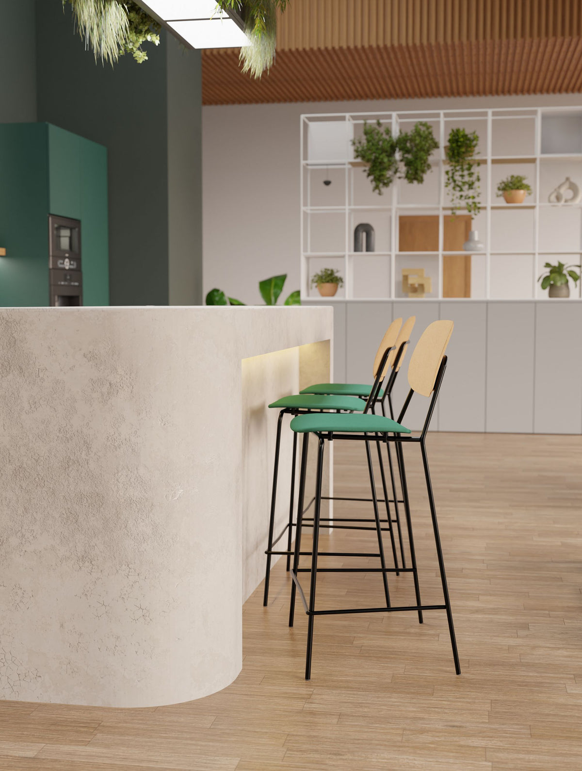 Line High stool with Ionic Modular Zoning System on Tall Storage in Breakout Setting
