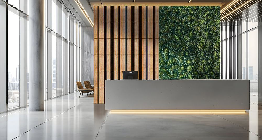 Lombock Acoustic Moss and Nordic Lichen Frame in Green Finish with Reception Desk and Lounge Seating in Reception Setting 2