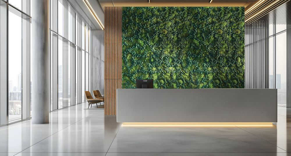 Lombock Acoustic Moss and Nordic Lichen Frame in Green Finish with Reception Desk and Lounge Seating in Reception Setting