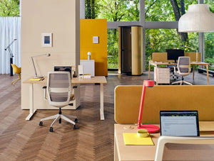 Mdd Evo Mesh Backrest Office Chair 9 In Cream Finish With Oak Top Office Desk In Office Settings