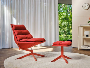 Mdd Fat Frank Lounge Chair On Classic Four Leg Base 8 In Red Finish With Red Footstool In Bedroom Setting