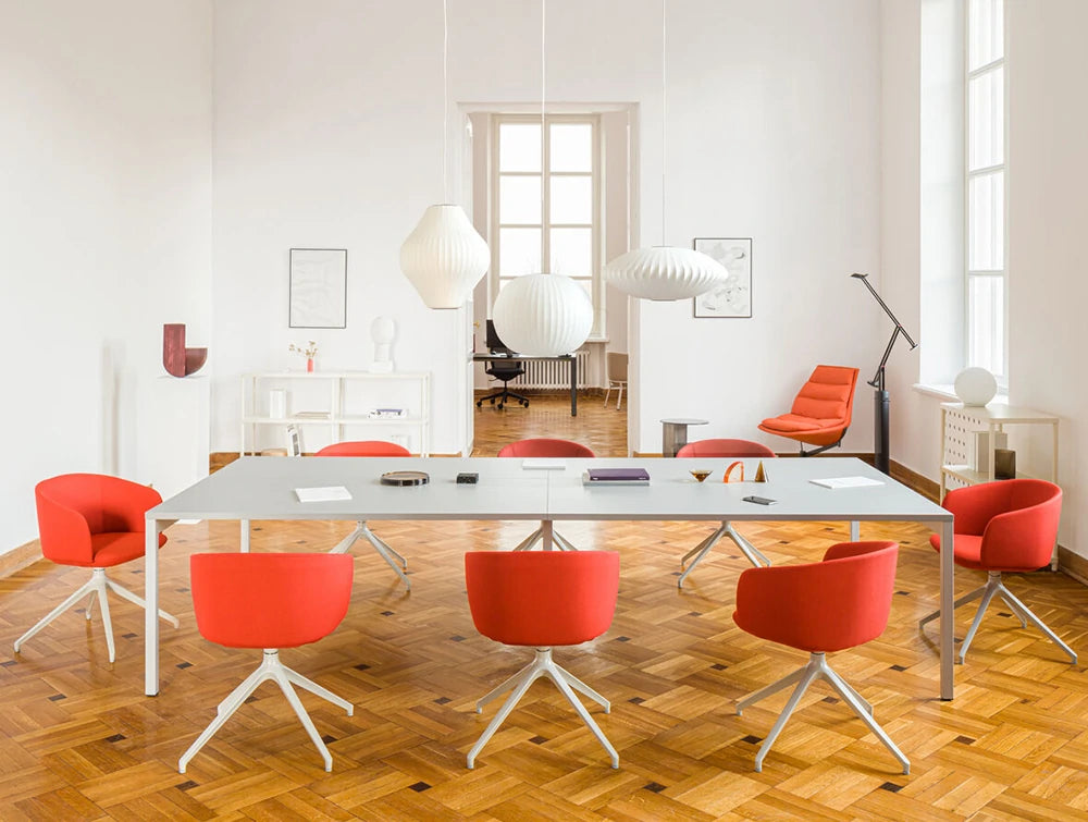 Mdd Grace Chair On Four Spoke Base 11 In Red Seat Finish With Grey Meeting Room Table In Meeting Room Setting