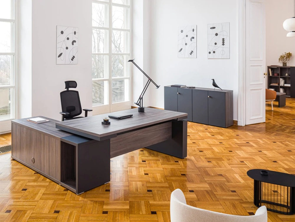 MDD Mito Height Adjustable Executive Desk 4 in Dark Brown Finish with Black Office Chair in Executive Office Area