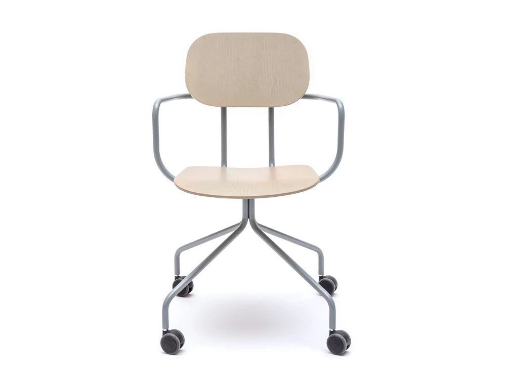 Mdd New School Swivel Castor Wheel Chair In Light Wood Finish