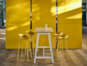 Mdd Team Polypropylene High Stool With Footrest 8 In Yellow Finish With Oak Top Table In Cadeteria Setting