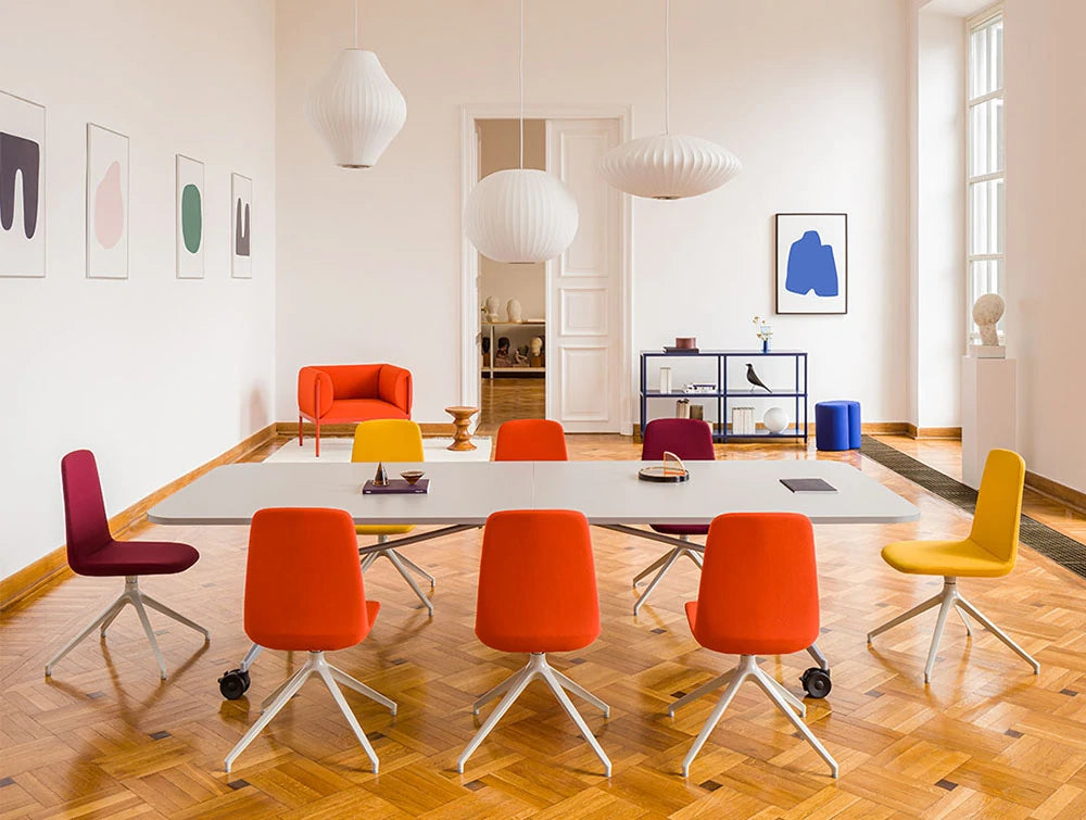 Mdd Ulti Fabric Chair With Four Spoke Aluminum Base 3 In Different Finishes With Rectangular Grey Table