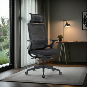 Maglia Office High Back Mesh Task Chair with Table Lamp and Table in Modern Office Setting
