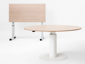 Mara Follow Folding Office Desk And Round Meeting Table Height Adjustable In White Frame And Beech Tabletop