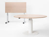 Mara Follow Folding Office Desk And Round Meeting Table Height Adjustable In White Frame And Beech Tabletop