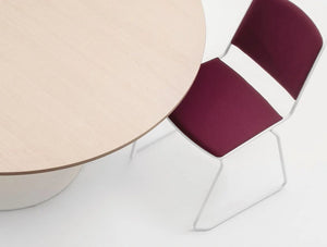 Mara Follow Height Adjustable Round Meeting Table Beech Tabletop With Burgundy Chair