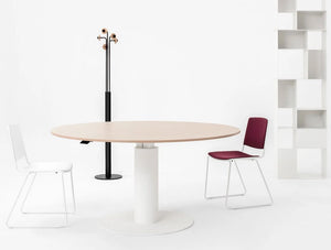 Mara Follow Height Adjustable Round Meeting Table White Frame And Beech Table With Meeting Room Chairs